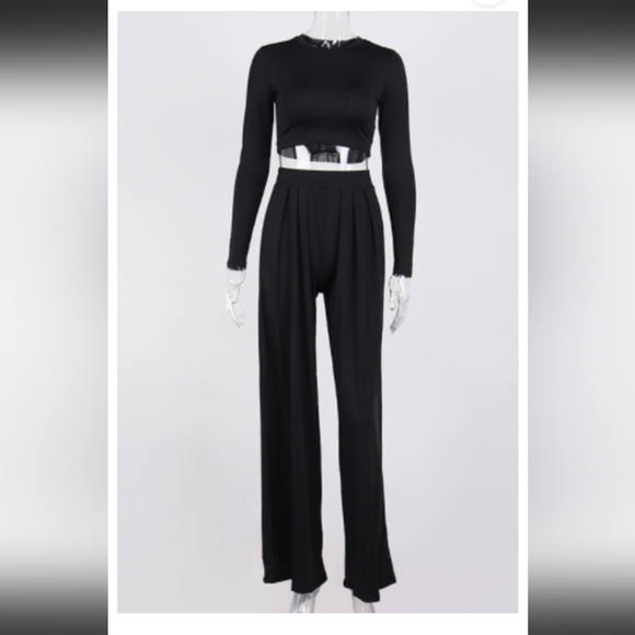 New! 2 PC Black Wide Leg Pant Trouser Long Sleeve Crop Top Set - Picture 2 of 4